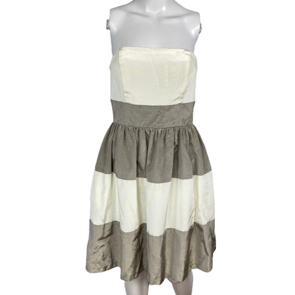 Lula Kate Dress‎ Womens Sz 2 Ivory Beige Taupe Striped Cotton Strapless Party